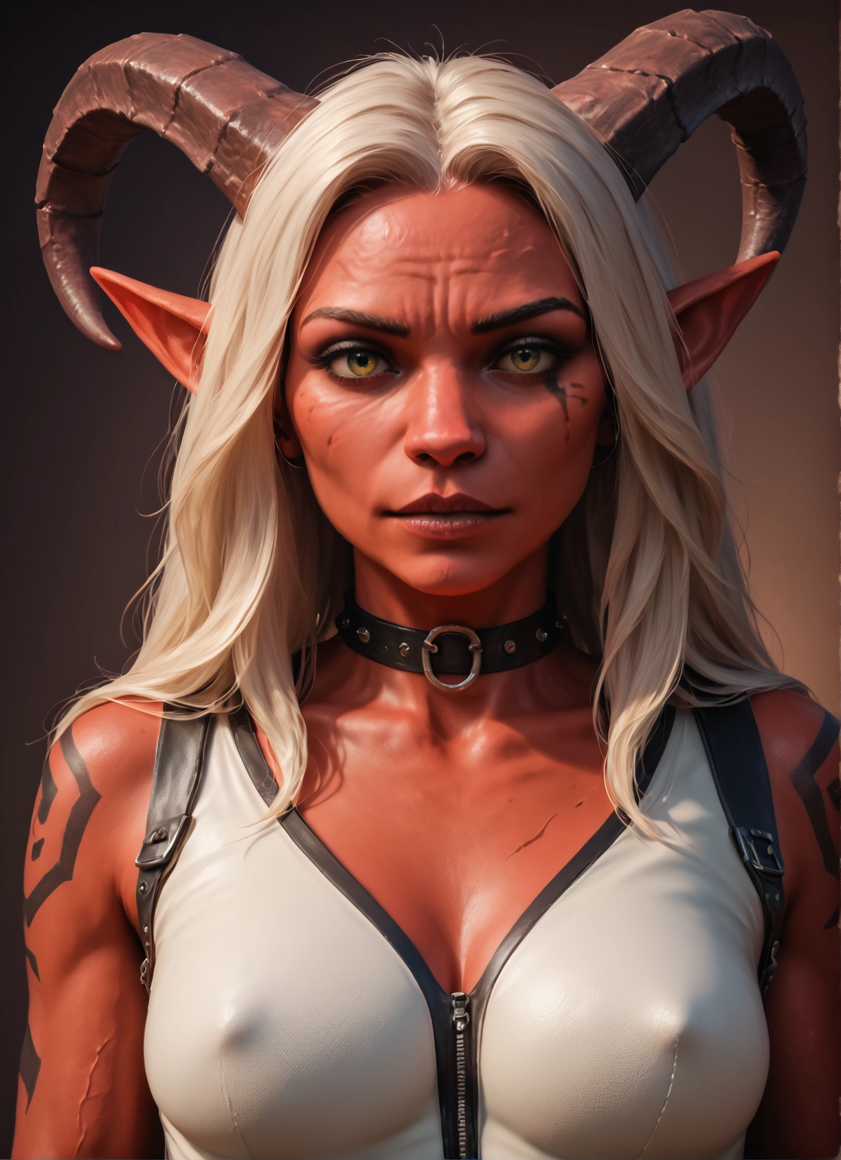 1girl, solo, horns, breasts, pointy ears, covered nipples · Yamete.gg