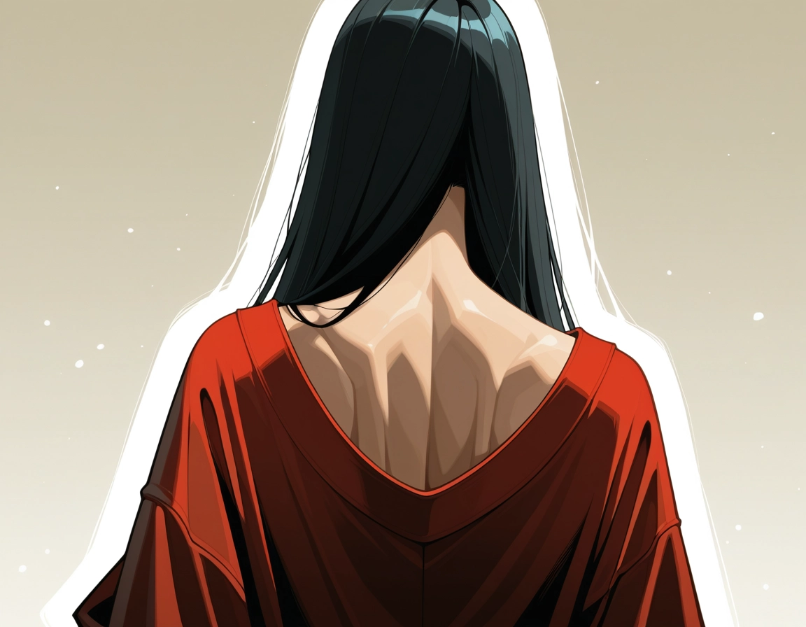 solo, black hair, long hair, from behind, shirt, red shirt · Yamete.gg
