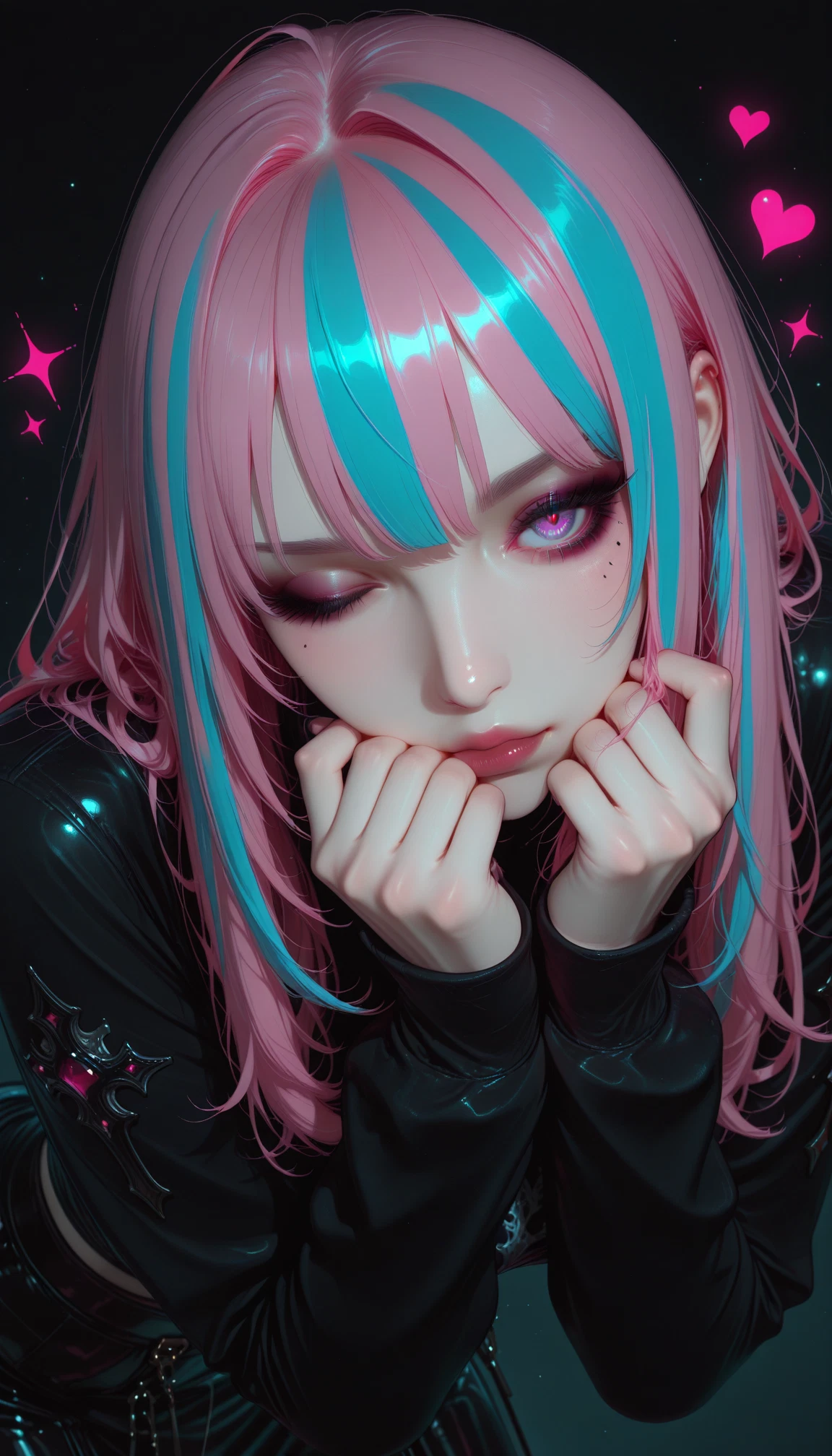 1girl, solo, pink hair, multicolored hair, heart, one eye closed · Yamete.gg