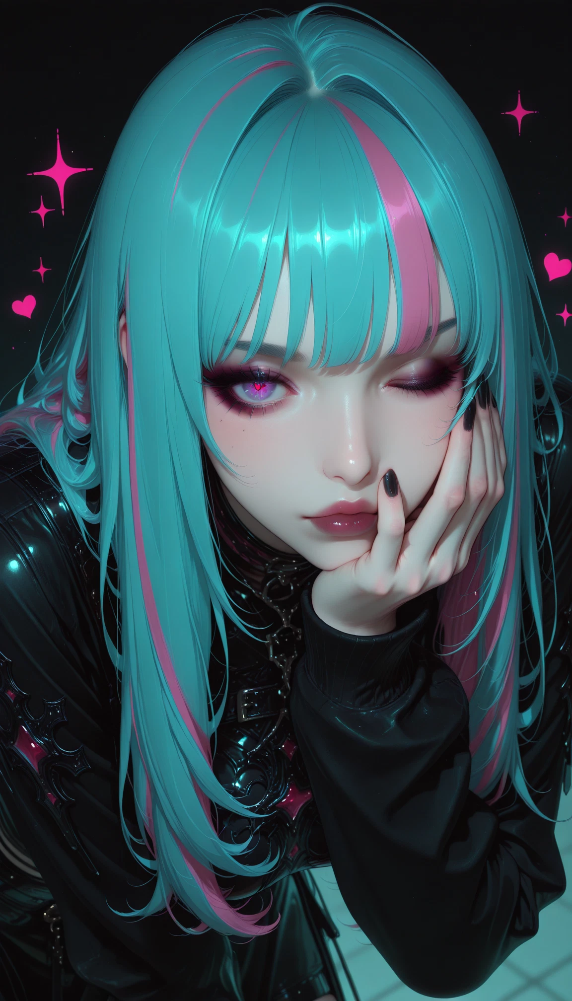1girl, solo, multicolored hair, long hair, heart, one eye closed · Yamete.gg