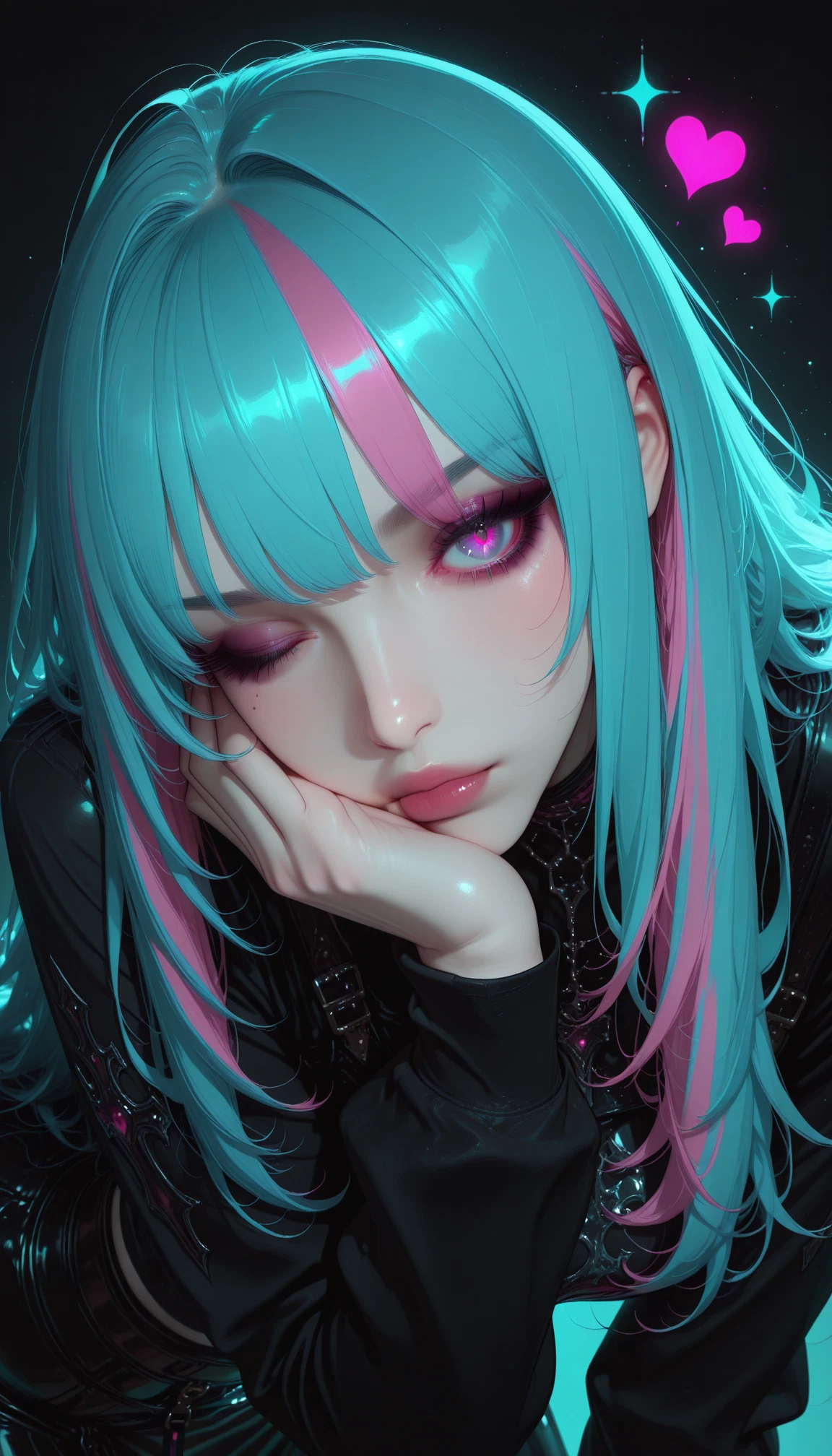 1girl, solo, multicolored hair, heart, pink hair, one eye closed · Yamete.gg