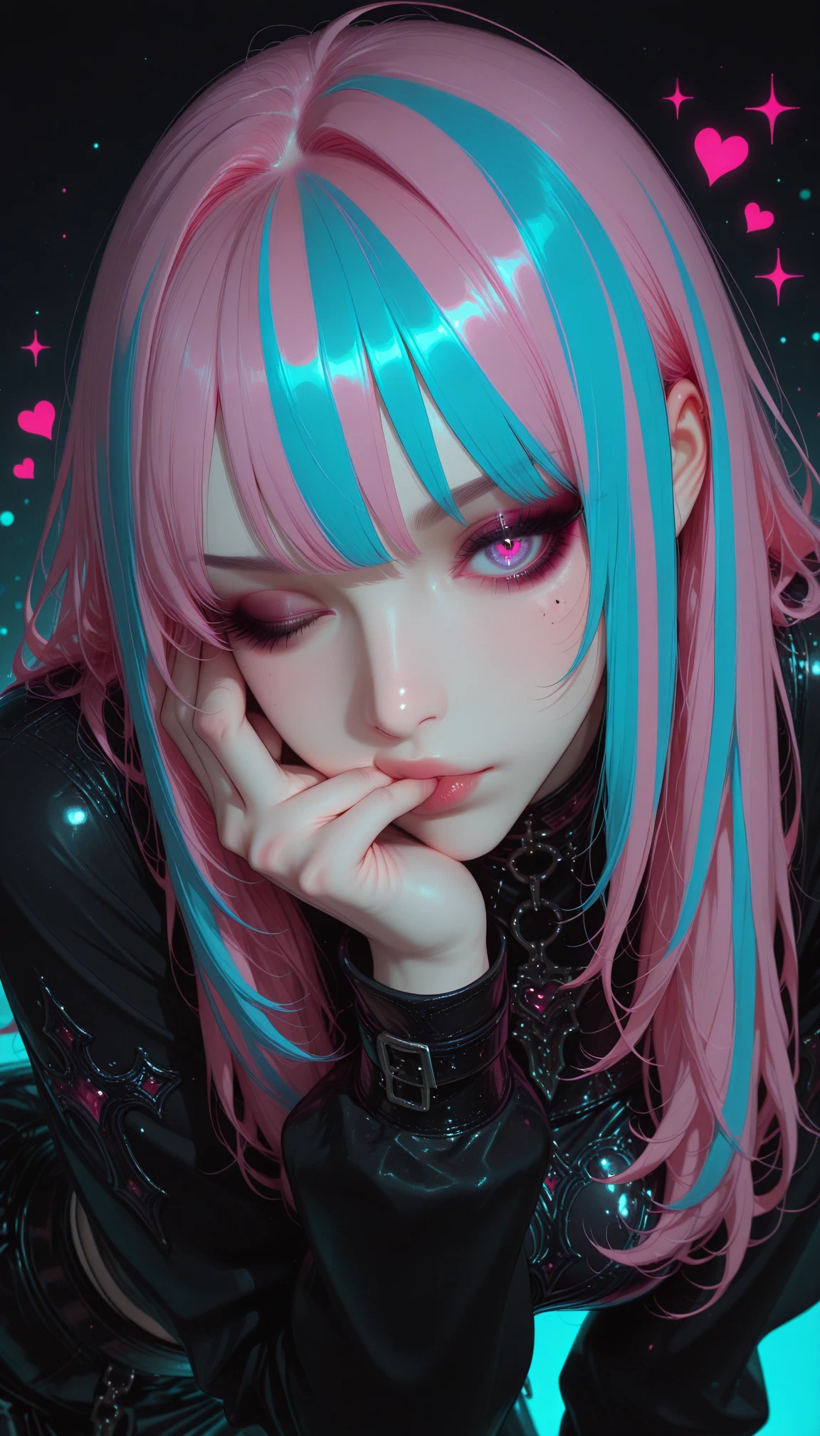 1girl, solo, pink hair, one eye closed, multicolored hair, heart · Yamete.gg