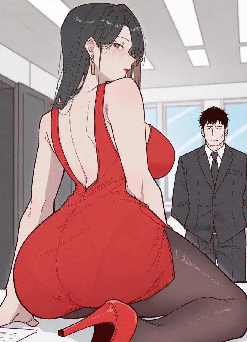 1girl, pantyhose, 1boy, dress, ass, high heels · Yamete.gg