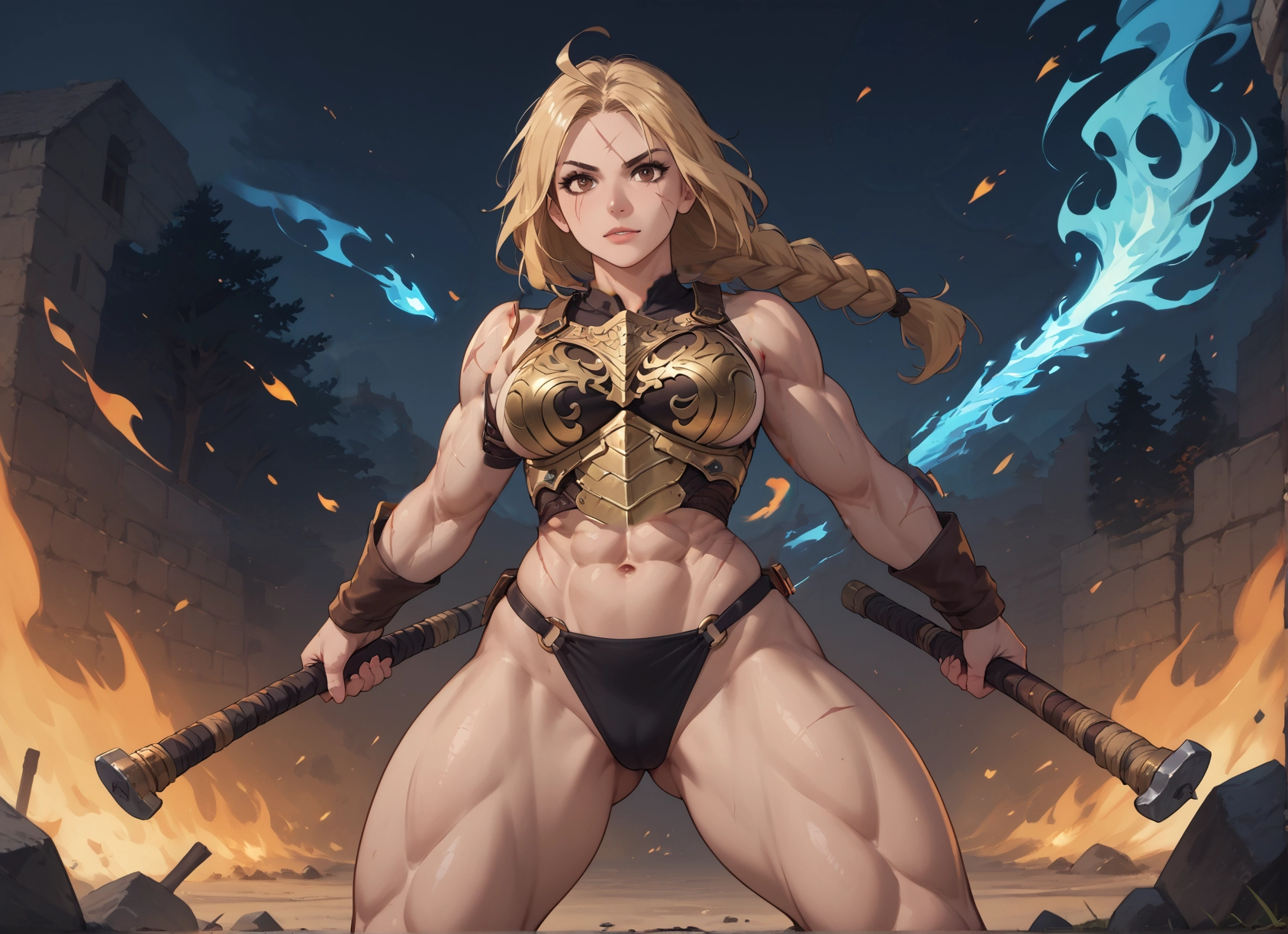 1girl, breasts, muscular, muscular female, braid, weapon · Yamete.gg