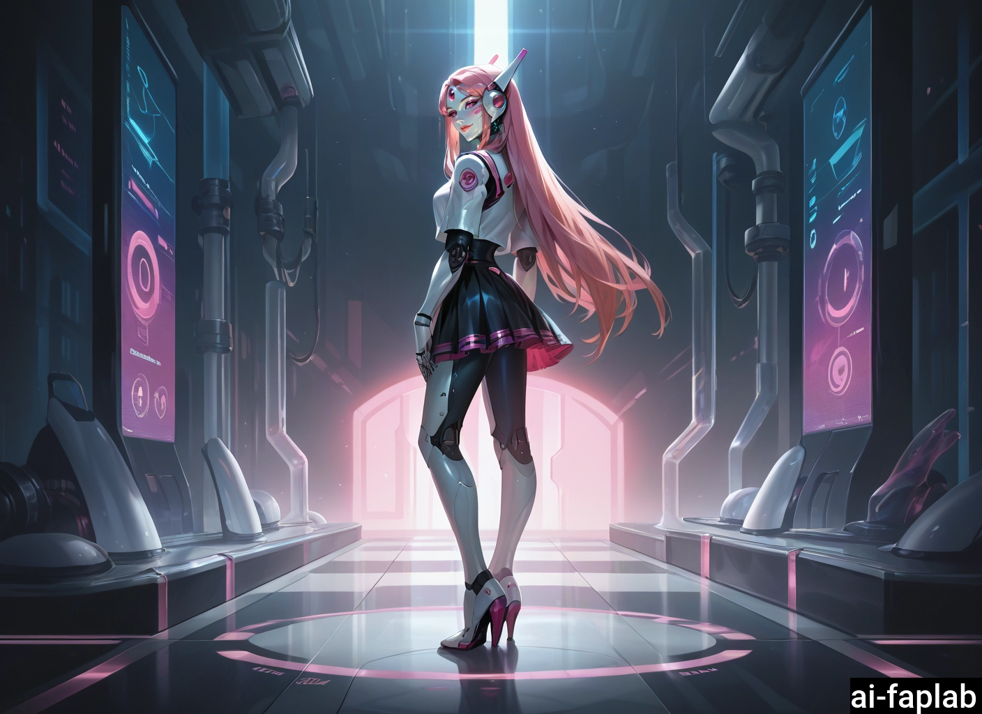 1girl, long hair, solo, pink hair, skirt, high heels