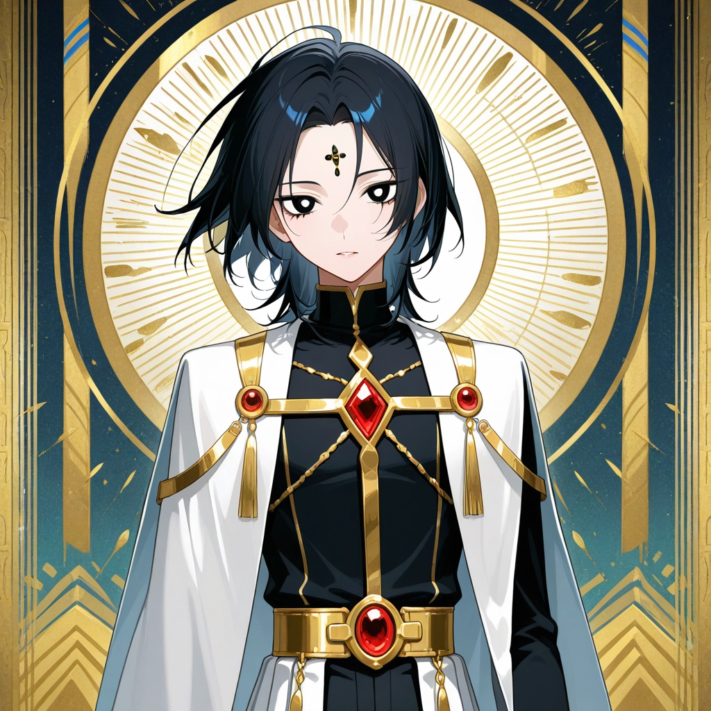 solo, black hair, looking at viewer, black eyes, 1boy, cape