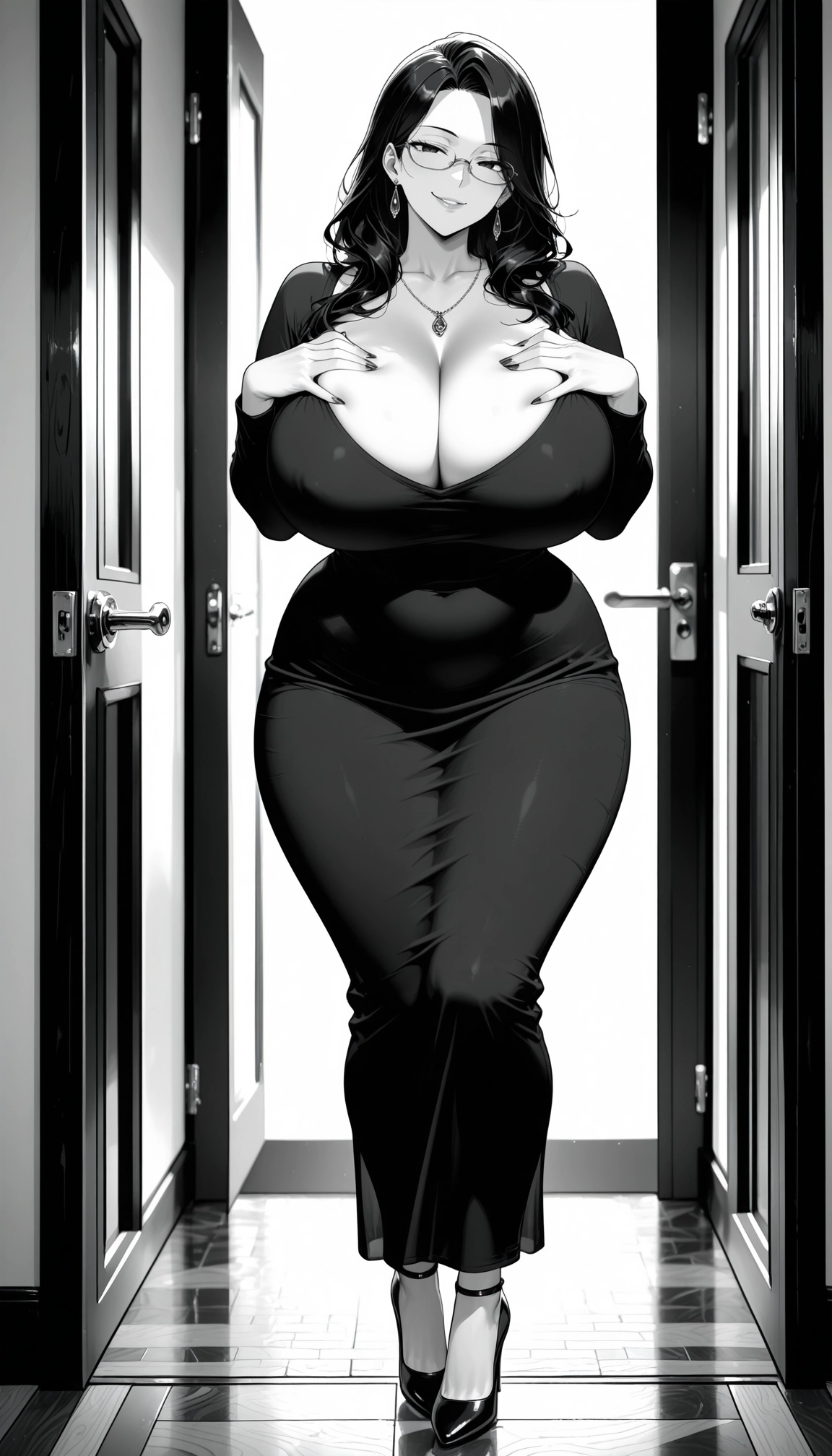 1girl, breasts, greyscale, monochrome, necklace, jewelry · Yamete.gg