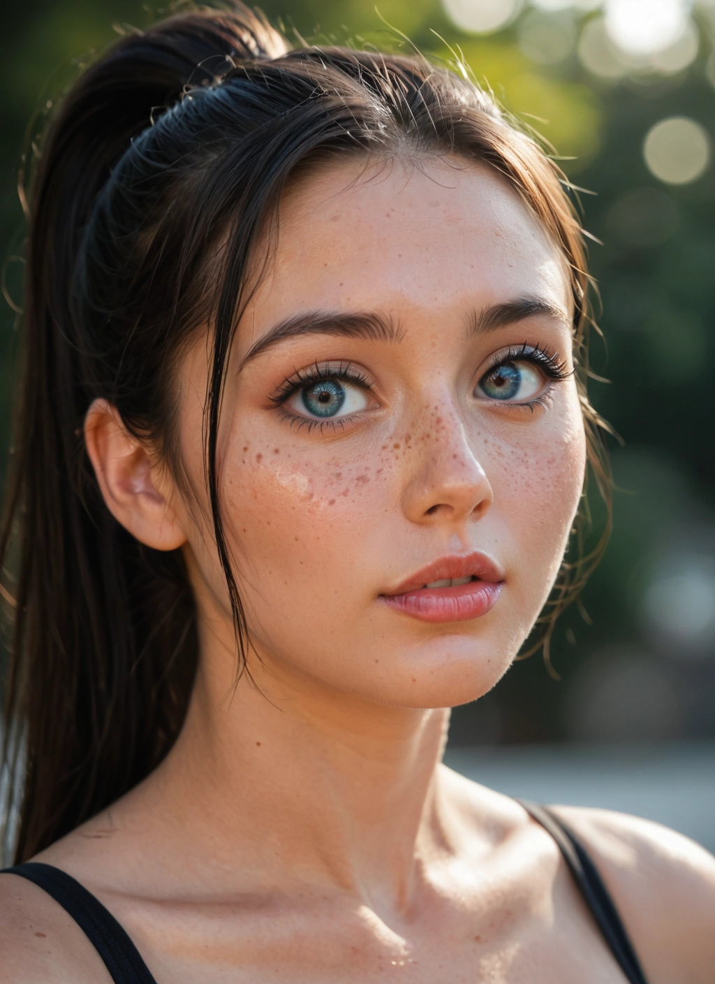 1girl, solo, freckles, looking at viewer, ponytail, brown hair · Yamete.gg