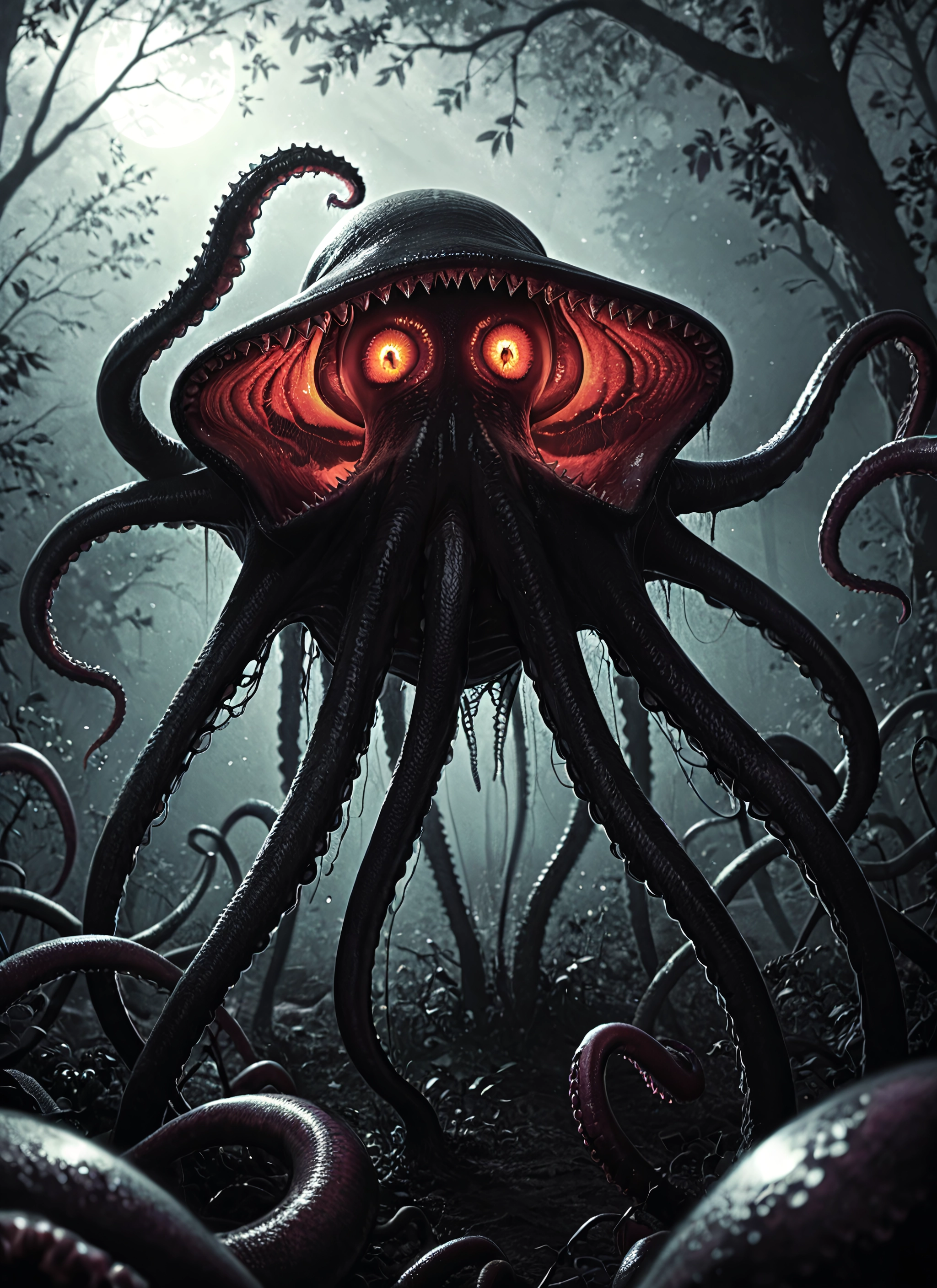 no humans, tentacles, moon, tree, nature, monster · Yamete.gg