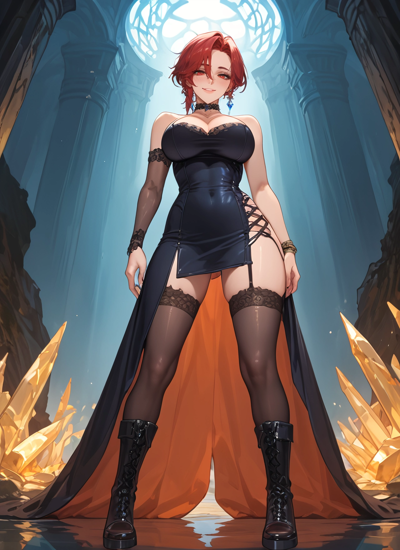 1girl, breasts, thighhighs, dress, boots, large breasts · Yamete.gg