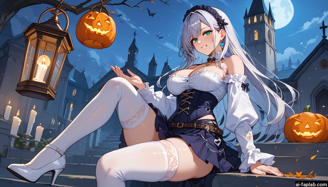 1girl, breasts, thighhighs, moon, long hair, smile · Yamete.gg