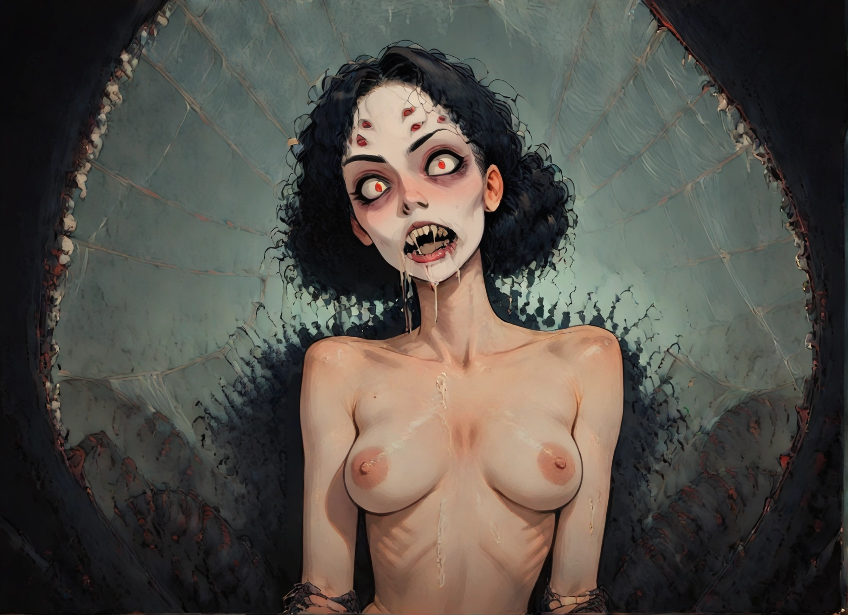 1girl, nipples, breasts, black hair, solo, extra eyes · Yamete.gg