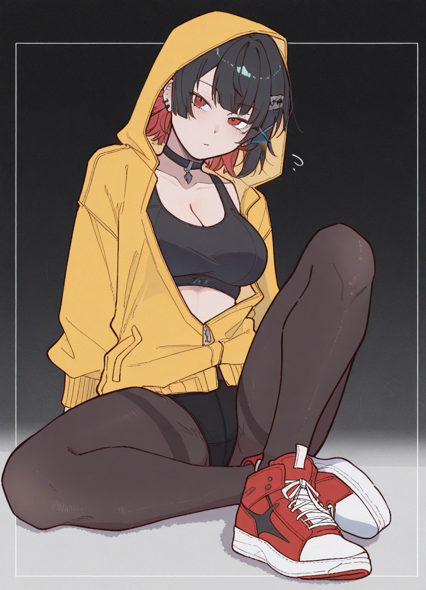 1girl, breasts, pantyhose, hood, solo, black hair · Yamete.gg