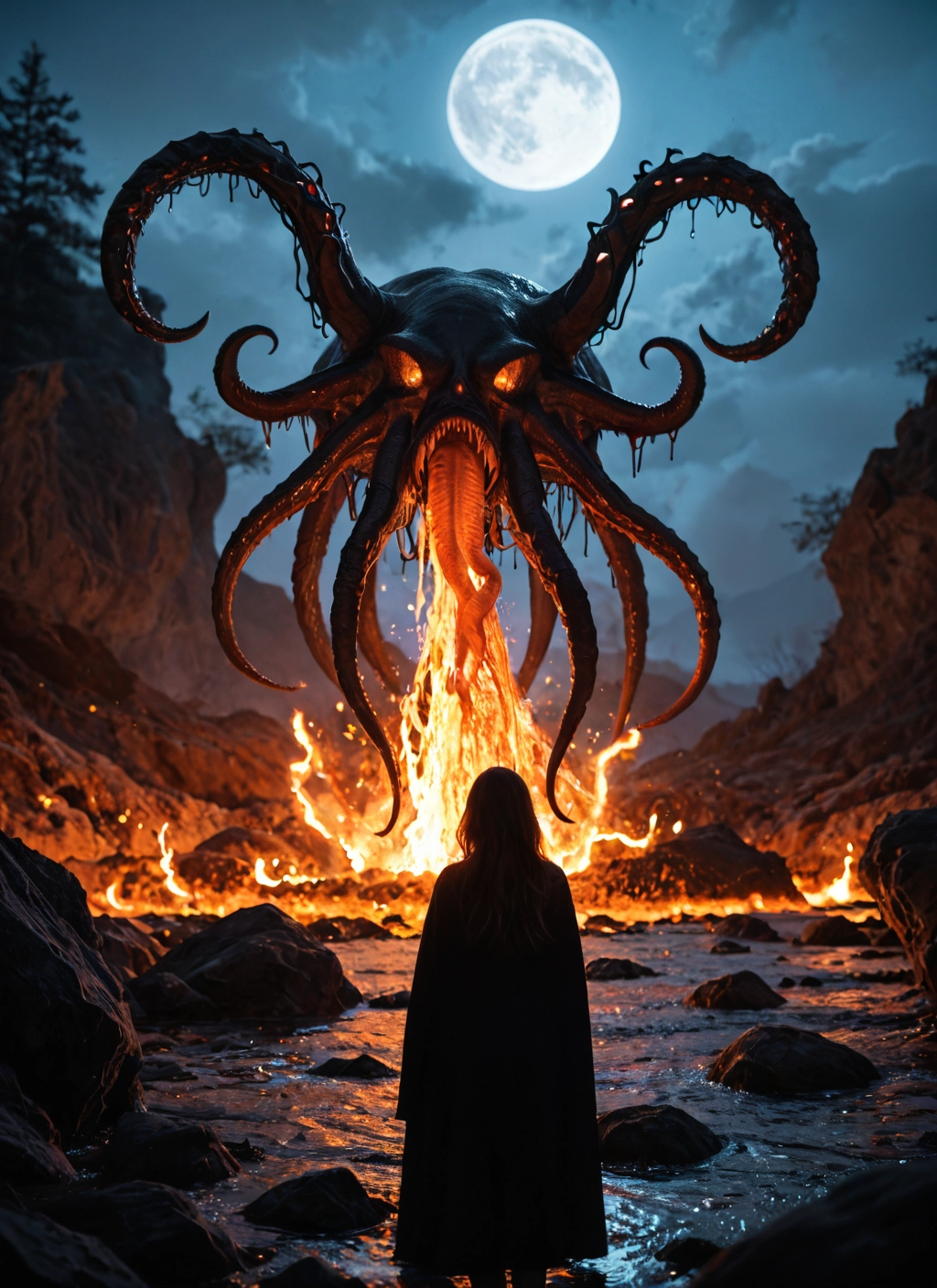 moon, tentacles, full moon, fire, sky, night · Yamete.gg