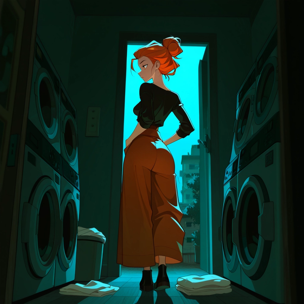 1girl, solo, washing machine, orange hair, laundry basket, ass · Yamete.gg