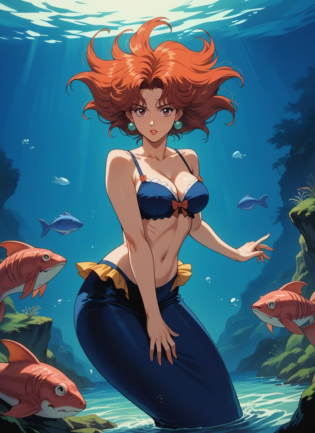 1girl, breasts, fish, jewelry, earrings, underwater · Yamete.gg