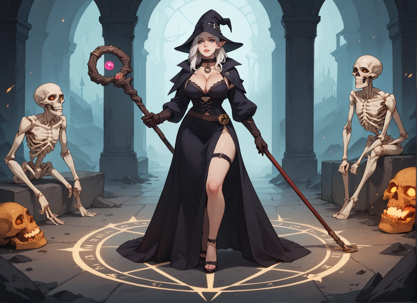 1girl, breasts, hat, witch hat, staff, gloves · Yamete.gg