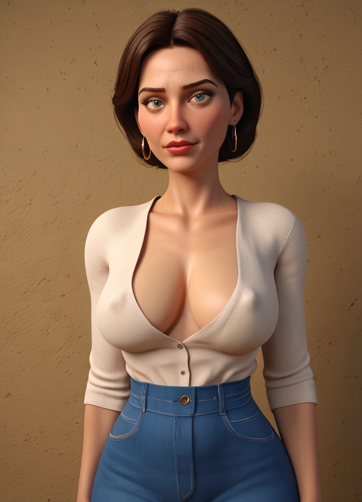 1girl, breasts, jewelry, earrings, solo, brown hair · Yamete.gg
