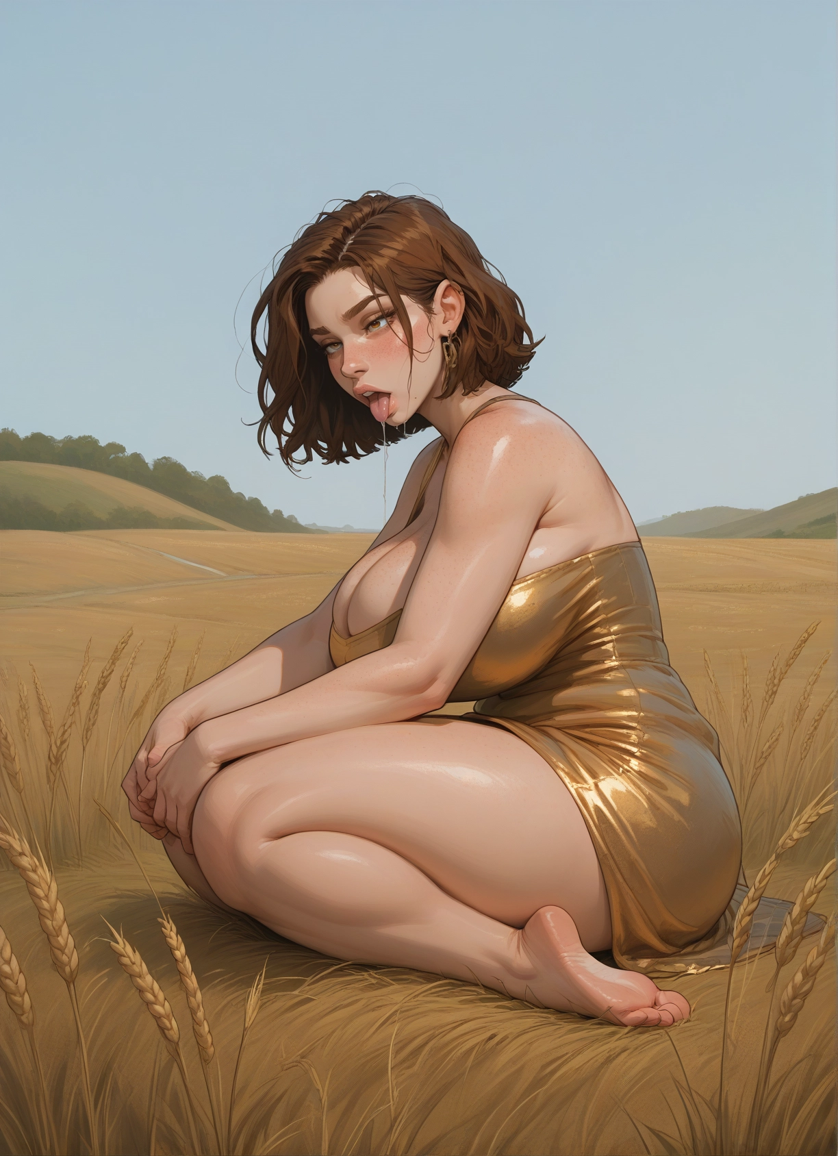 1girl, breasts, brown hair, barefoot, dress, solo · Yamete.gg