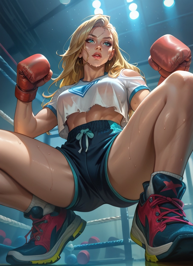 1girl, blonde hair, boxing gloves, shorts, sweat, breasts · Yamete.gg