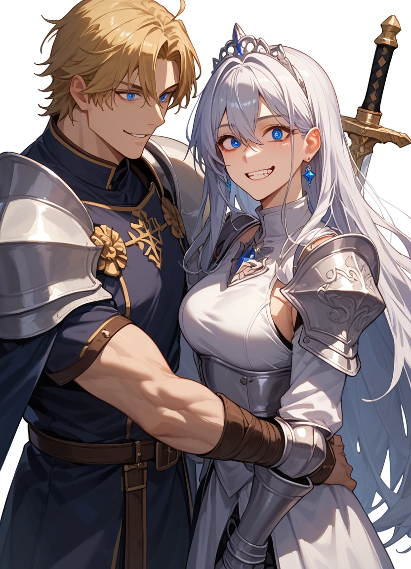 1girl, 1boy, blue eyes, weapon, smile, armor · Yamete.gg