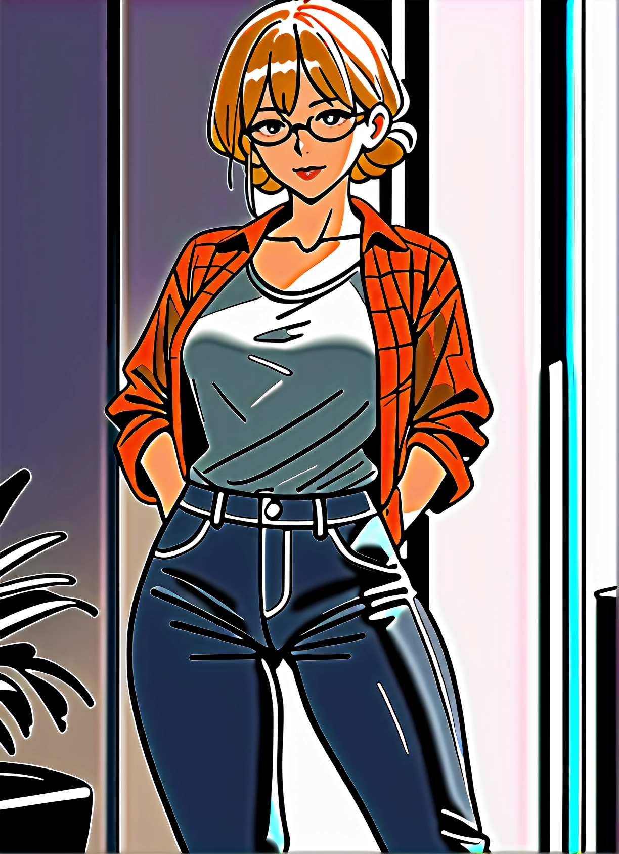 1girl, pants, glasses, solo, shirt, breasts · Yamete.gg