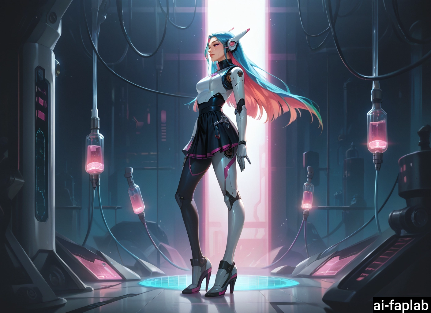1girl, solo, long hair, high heels, multicolored hair, breasts