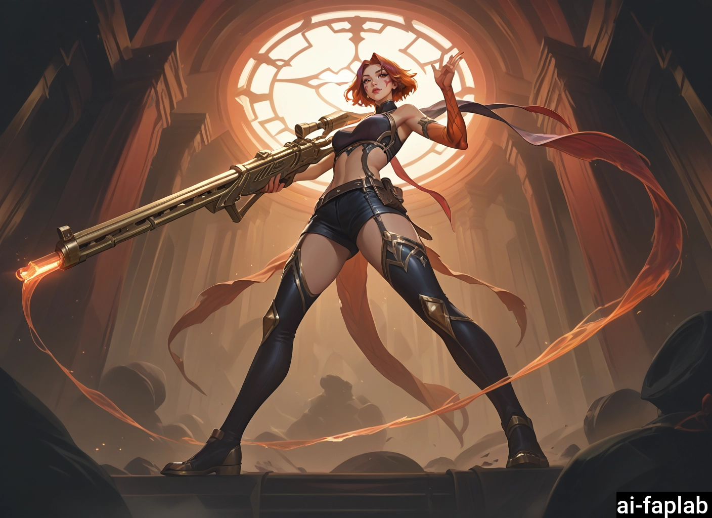 1girl, weapon, gun, thighhighs, red hair, holding · Yamete.gg