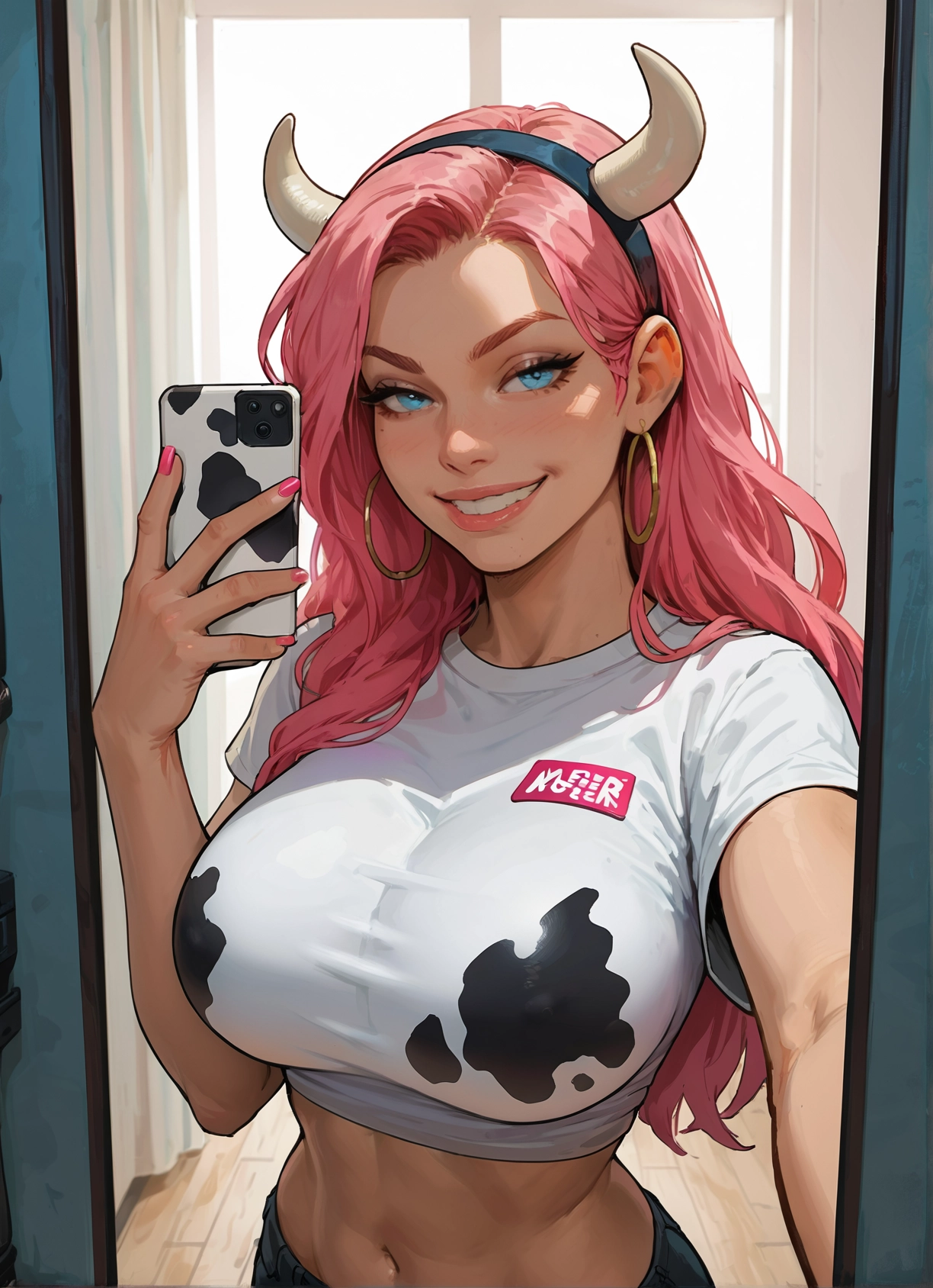 1girl, breasts, phone, horns, pink hair, jewelry · Yamete.gg