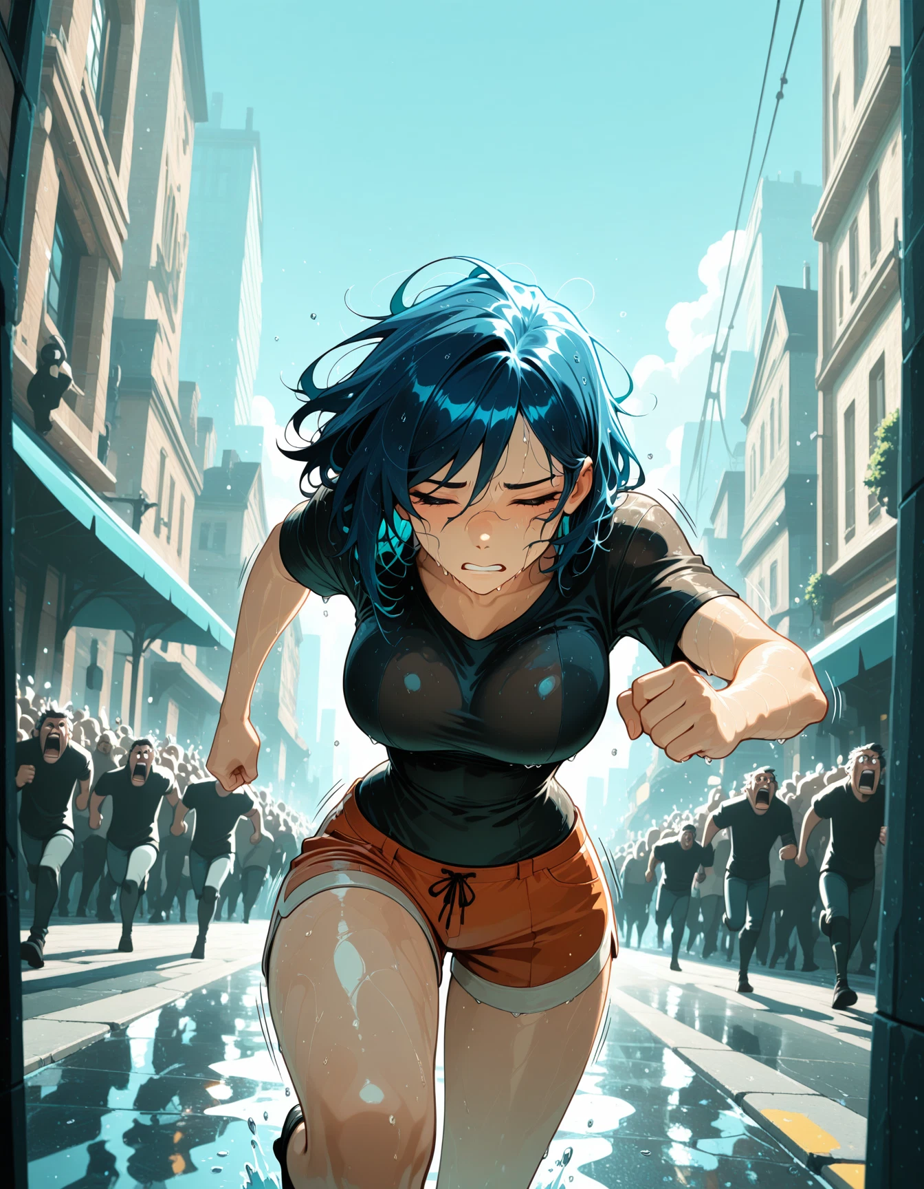 running, shorts, 1girl, breasts, shirt, closed eyes · Yamete.gg