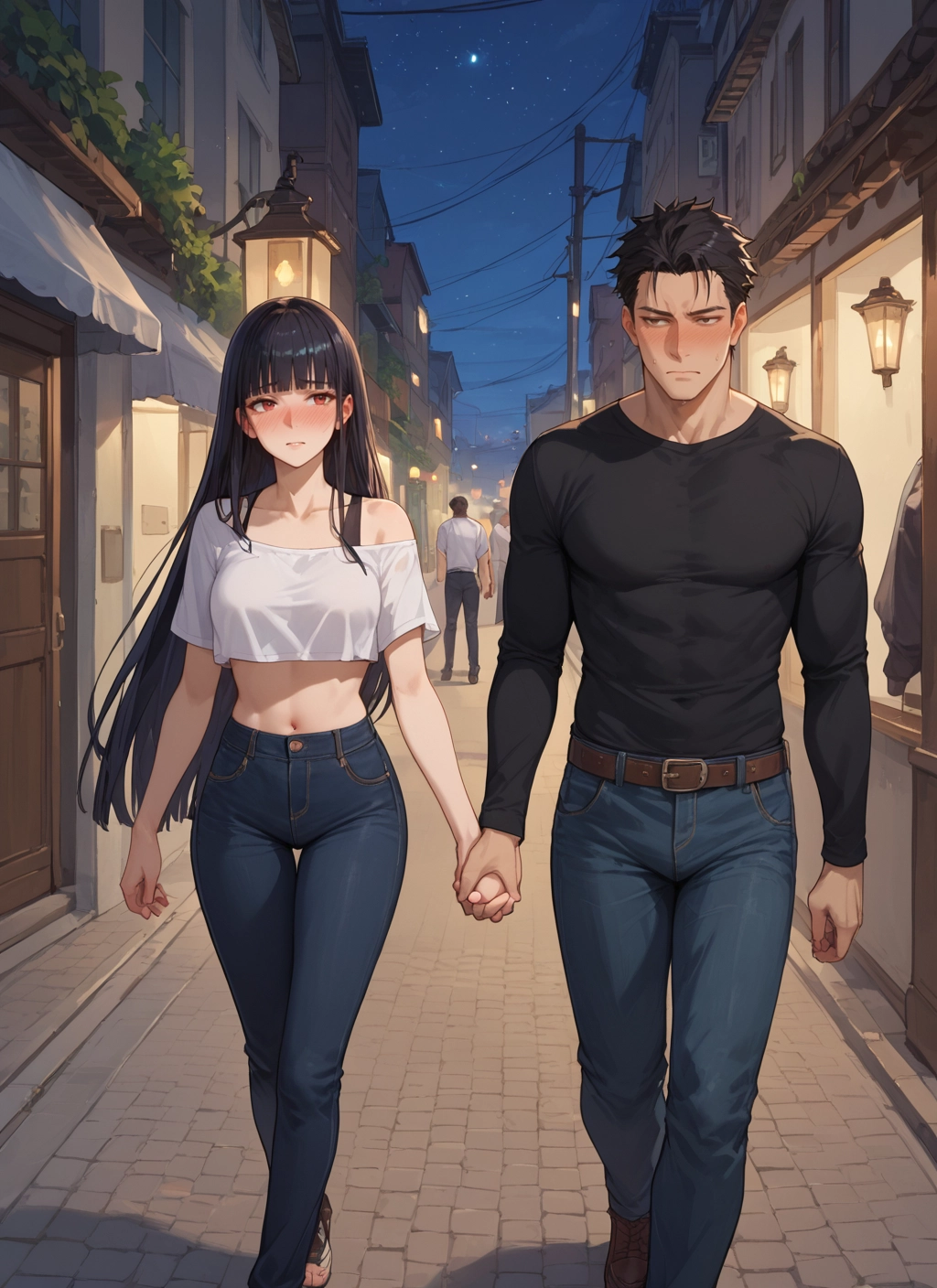 long hair, black hair, pants, blush, navel, shirt · Yamete.gg