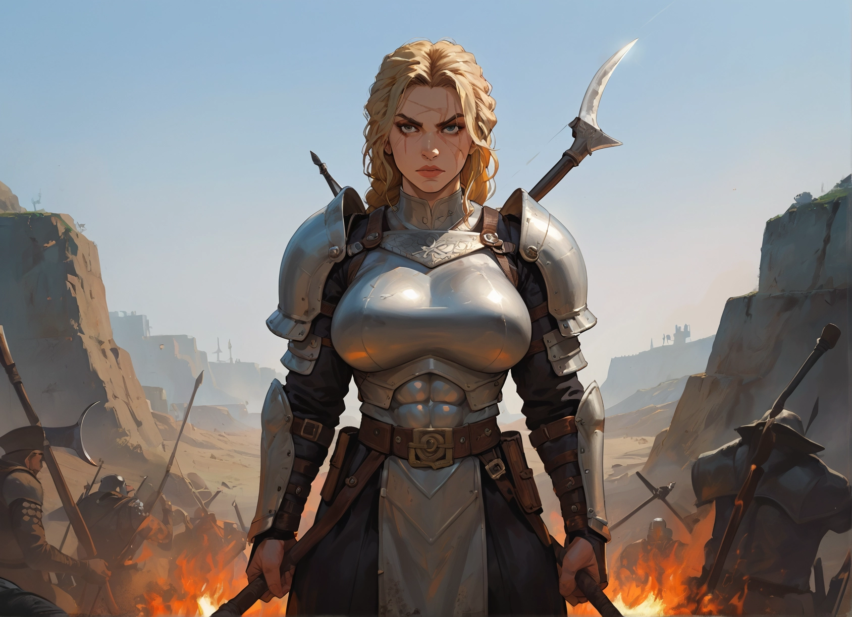 armor, weapon, 1girl, blonde hair, scar, blue eyes · Yamete.gg