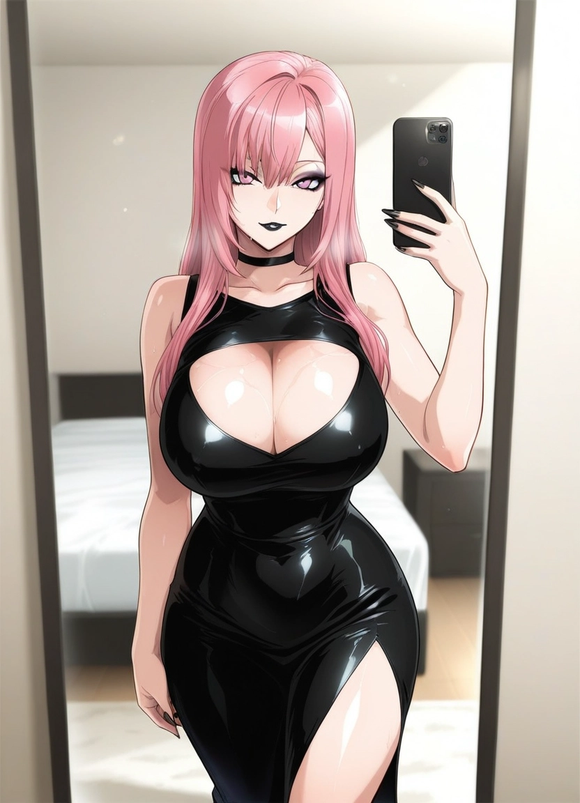 1girl, black lips, breasts, black nails, selfie, phone · Yamete.gg
