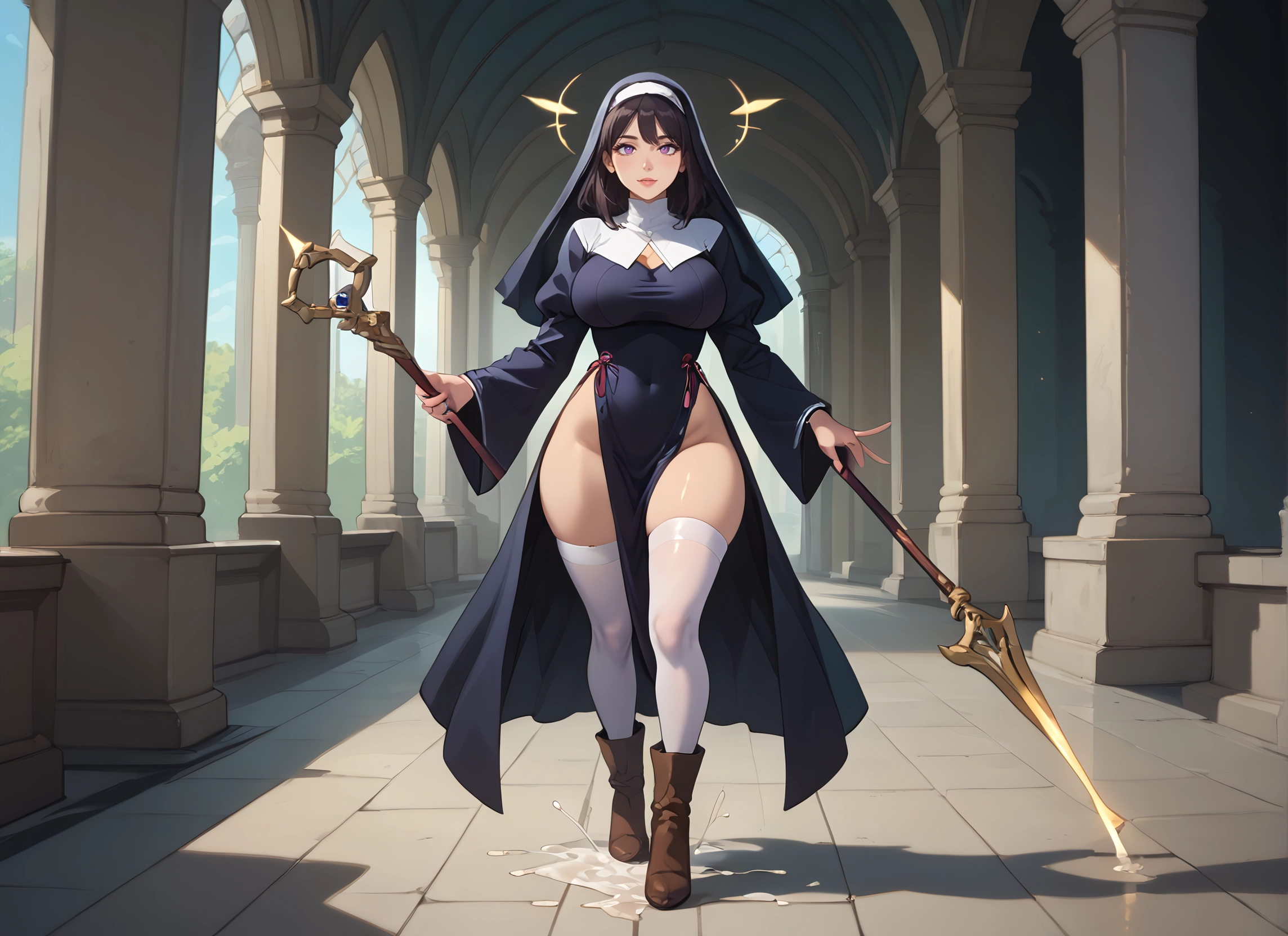 1girl, thighhighs, breasts, nun, solo, white legwear · Yamete.gg
