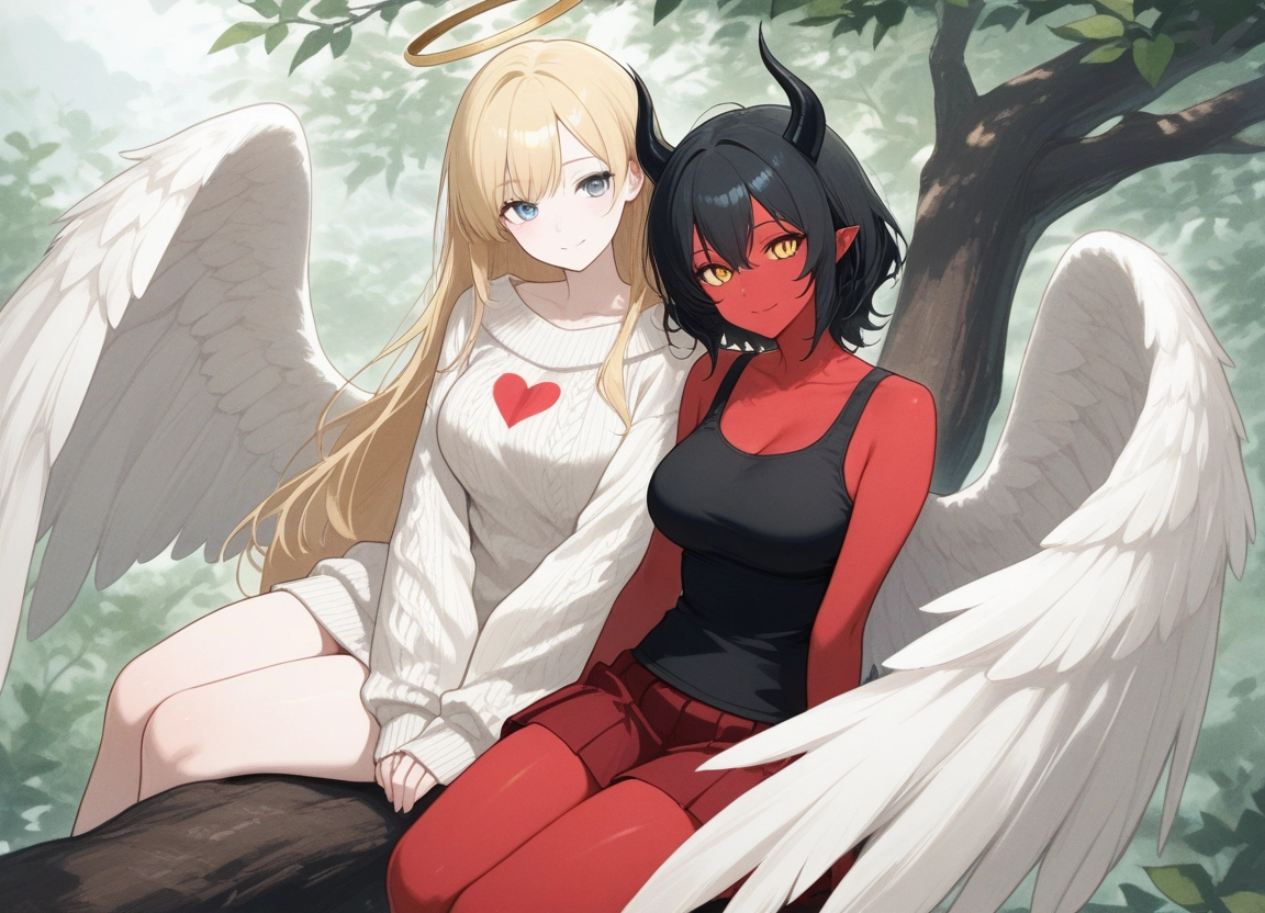 multiple girls, 2girls, wings, horns, skirt, breasts · Yamete.gg