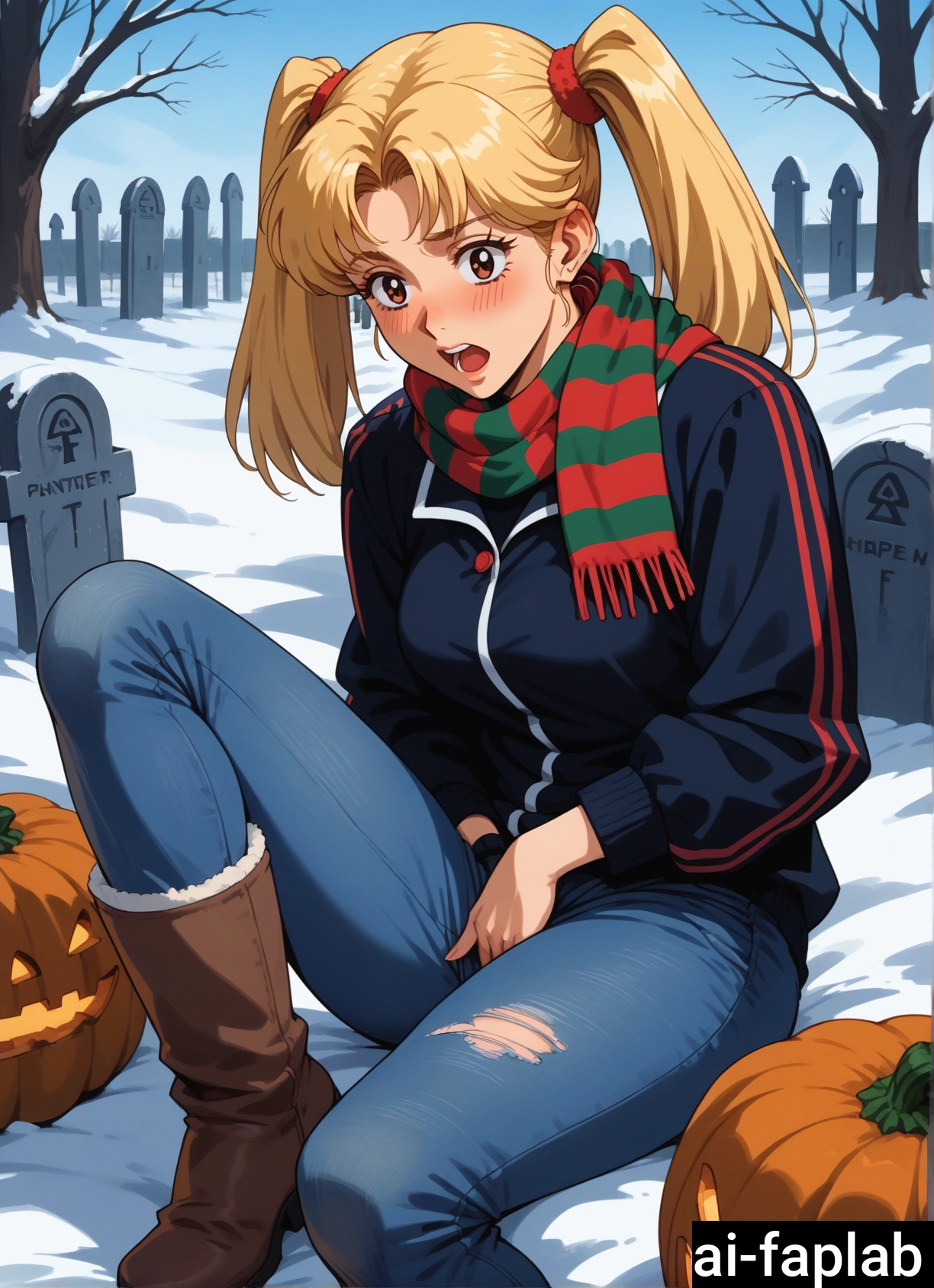 1girl, blonde hair, scarf, pants, boots, solo · Yamete.gg