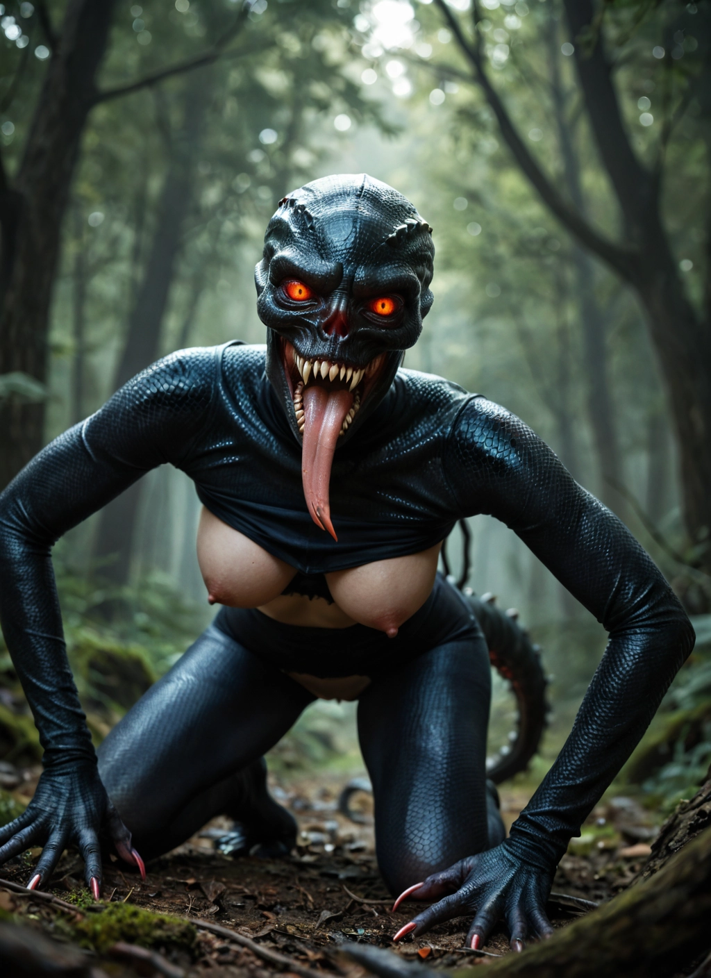 1girl, breasts, nipples, tongue, solo, nature · Yamete.gg