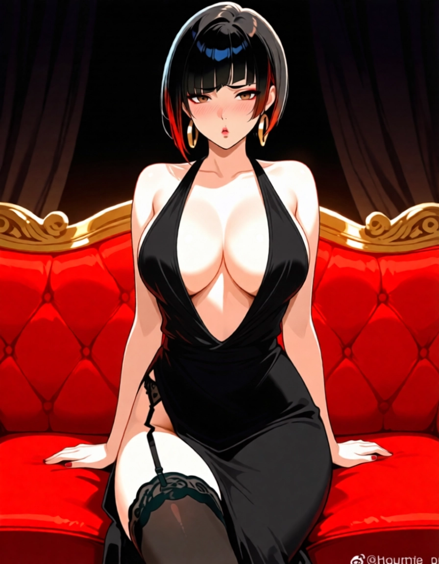 1girl, breasts, solo, black hair, dress, thighhighs · Yamete.gg