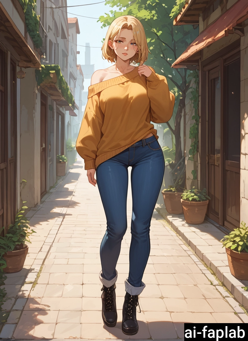 1girl, pants, outdoors, off shoulder, blonde hair, solo · Yamete.gg