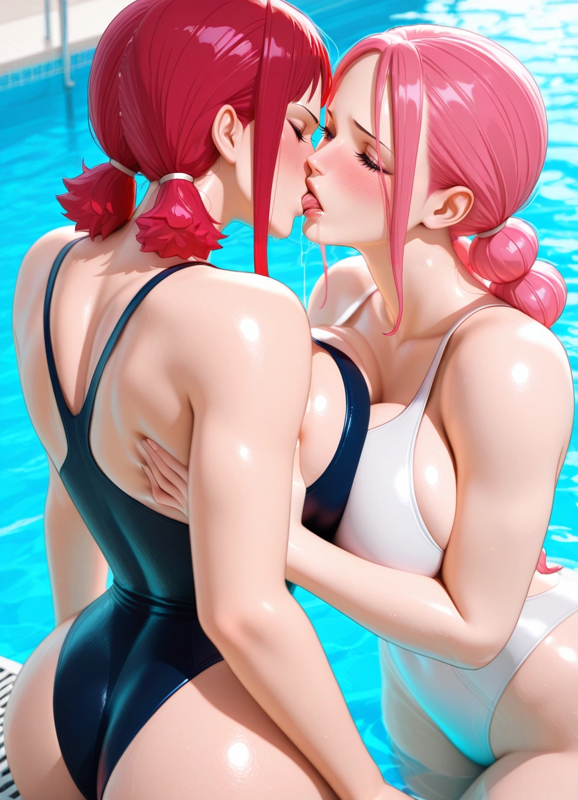 multiple girls, breasts, 2girls, swimsuit, yuri, one-piece swimsuit · Yamete.gg
