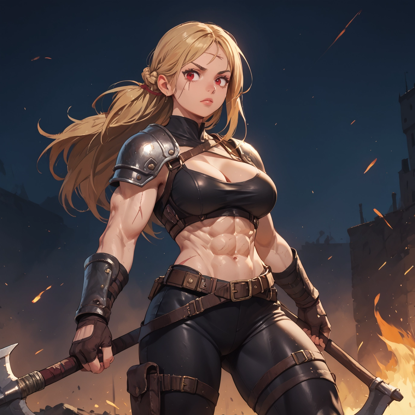 1girl, red eyes, breasts, abs, muscular, muscular female · Yamete.gg