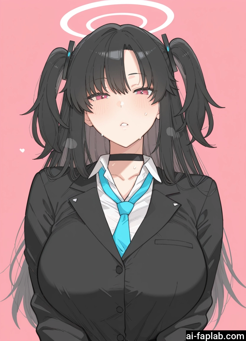 1girl, breasts, halo, black hair, solo, necktie