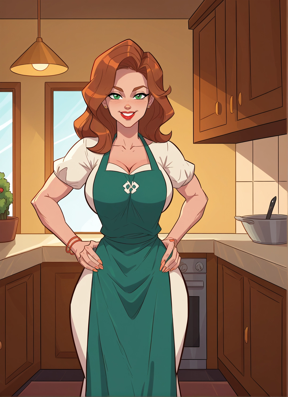 1girl, breasts, apron, green eyes, jewelry, solo