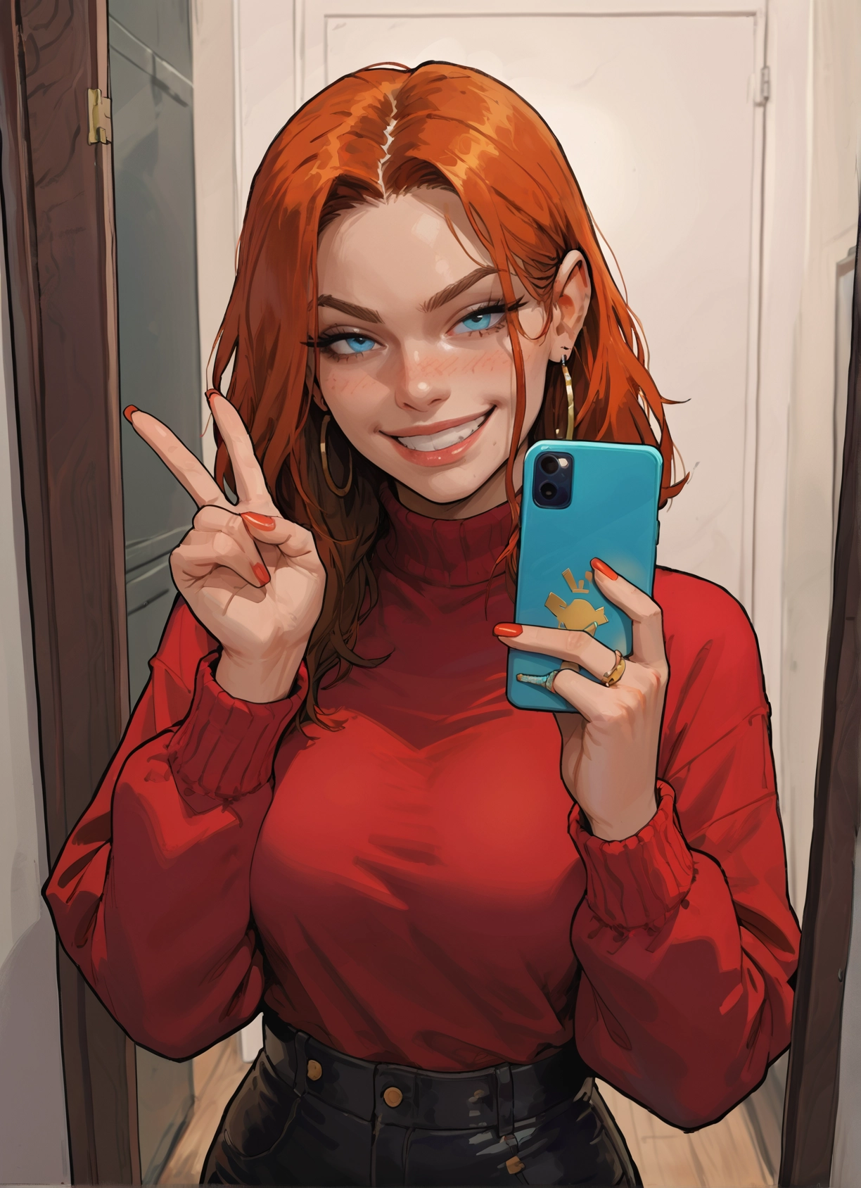 1girl, jewelry, phone, earrings, smile, v · Yamete.gg