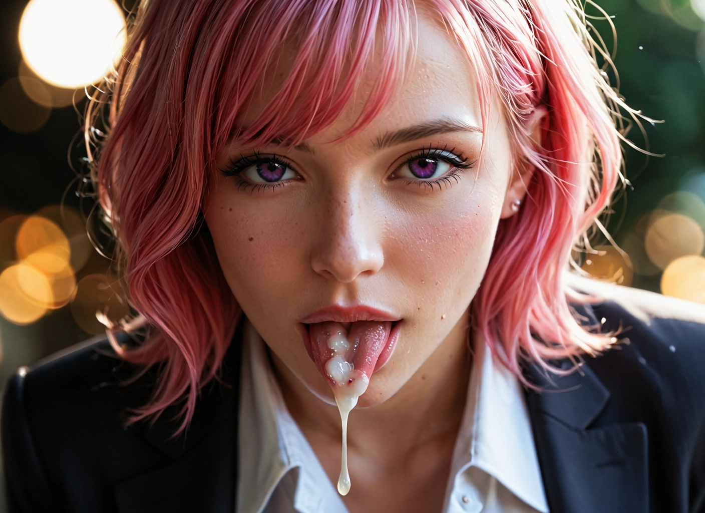 1girl, solo, cum, tongue, pink hair, tongue out · Yamete.gg