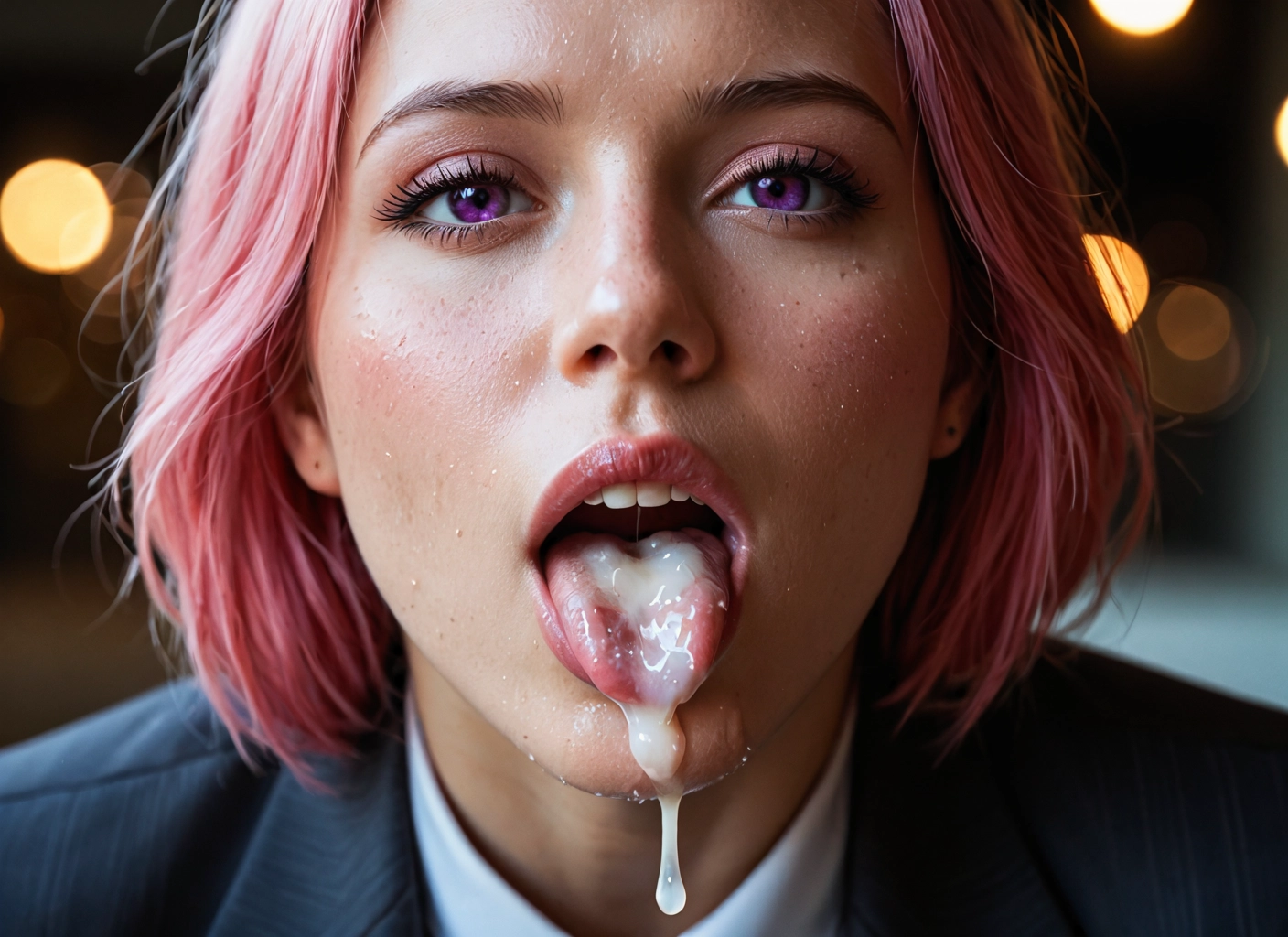 1girl, solo, pink hair, cum, cum in mouth, tongue · Yamete.gg