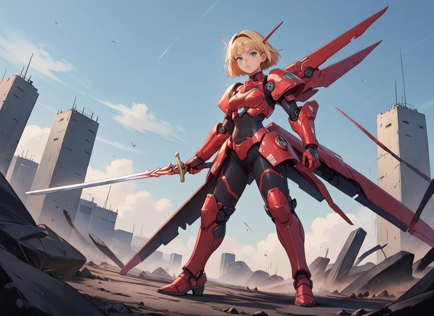 1girl, weapon, sword, blonde hair, blue eyes, solo · Yamete.gg