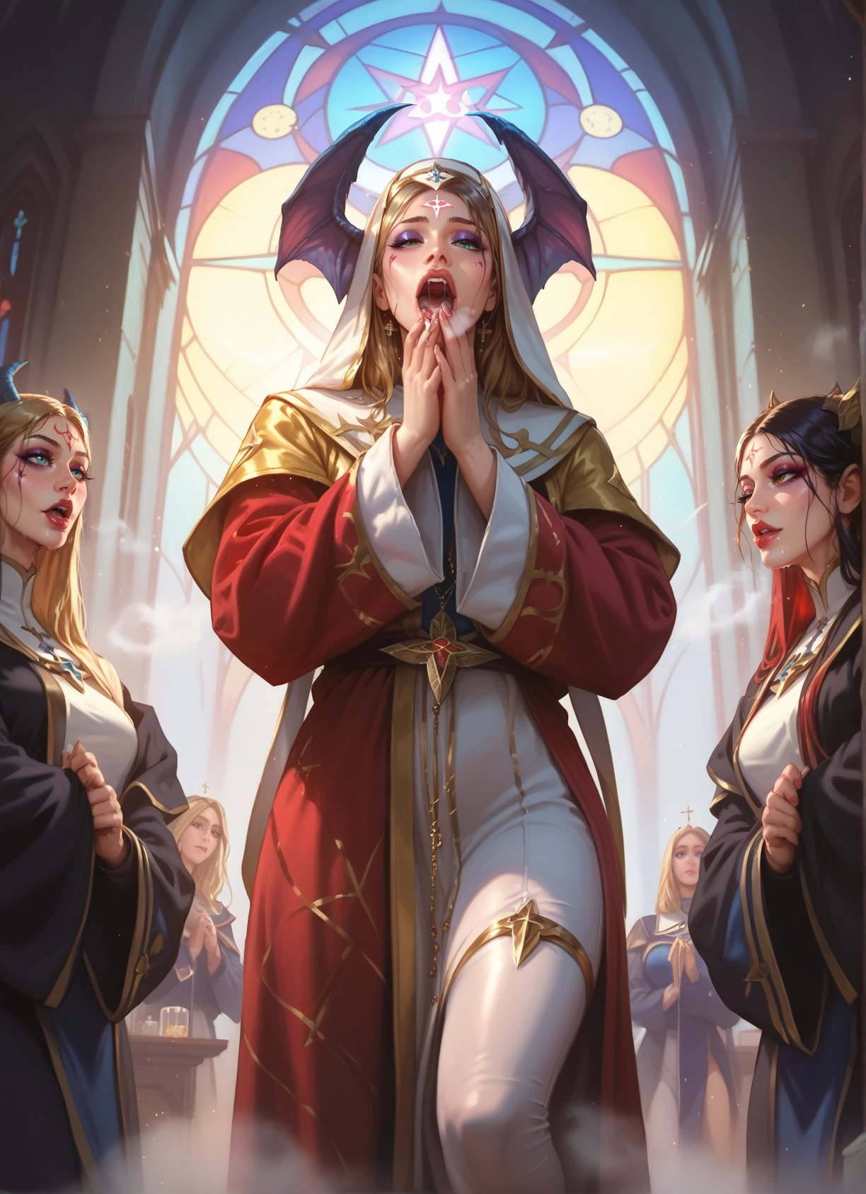 multiple girls, blonde hair, nun, facial mark, 4girls, jewelry · Yamete.gg