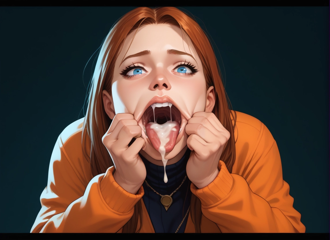 1girl, solo, cum, blue eyes, cum in mouth, open mouth · Yamete.gg