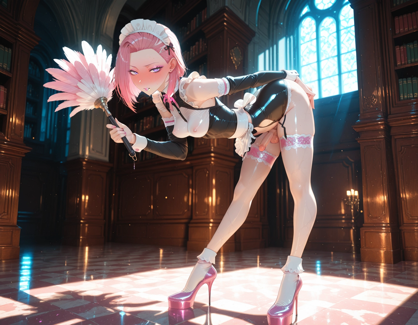 solo, maid headdress, high heels, pink hair, detached sleeves, maid · Yamete.gg